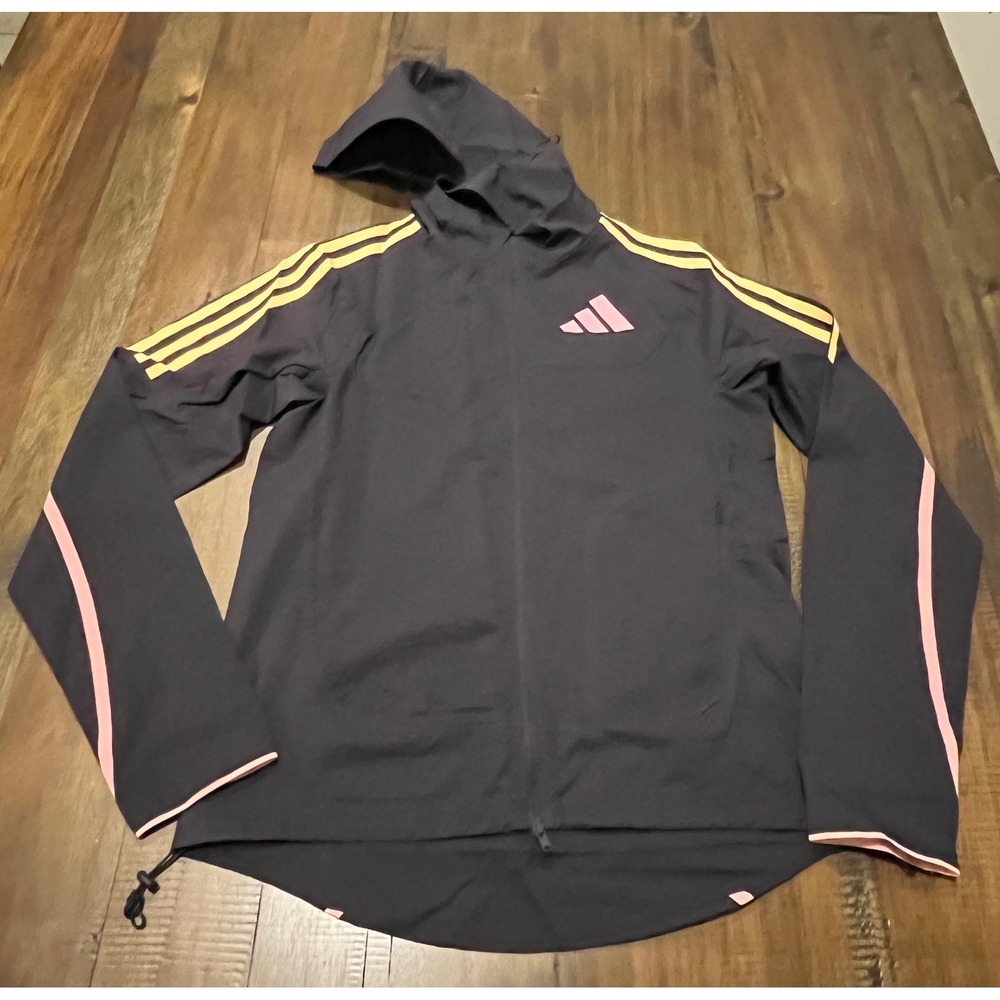 Adidas Men's Lightweight Hooded Jacket Gray Yellow Pink Stripes Athletic Size XS - Picture 9 of 9